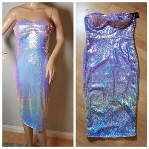 NWT Kaylee Kollection Rainbow Iridescent Mermaid Sequin Strapless Midi Dress L